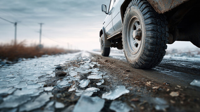 SUV tire navigates icy rural road, chunks of ice scatter under pressure. Overcast sky, sparse vegetation, winter off-road adventure - Powered by Adobe