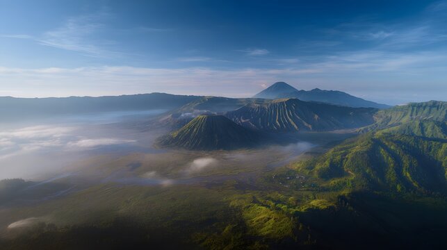 Serene Indonesian Landscape Mount Bromo Volcanic Vista Soft Morning Light Travel Nature Stock Photo - Powered by Adobe