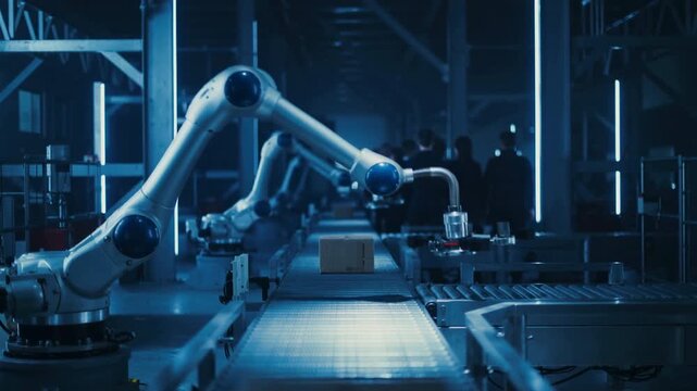Industrial robots perform precise assembly tasks continuously