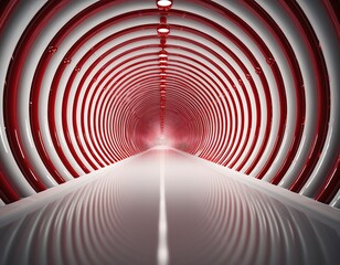 A surreal, endless passage with repeating red and white patterns creating a vortex effect into a brightly lit vanishing point
