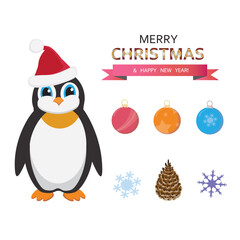 A cartoon penguin in a Santa hat, snowflakes, colorful Christmas balls, and a festive Christmas inscription. New Year's card or banner design elements set. Holiday decor collection isolated on white.