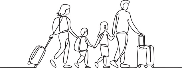 Continuous one line drawing passengers with luggage. Travelers with suitcases and bags. Family going on vacation. Tourism. Travel. one line Icon drawing