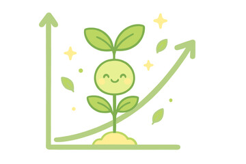Rising Seedling Growth. A smiling seedling growing up a chart's Y-axis, tiny stars and leaves around, soft rounded doodle shapes,