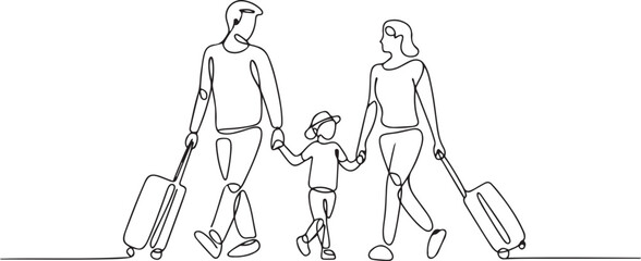 Continuous one line drawing passengers with luggage. Travelers with suitcases and bags. Family going on vacation. Tourism. Travel. one line Icon drawing