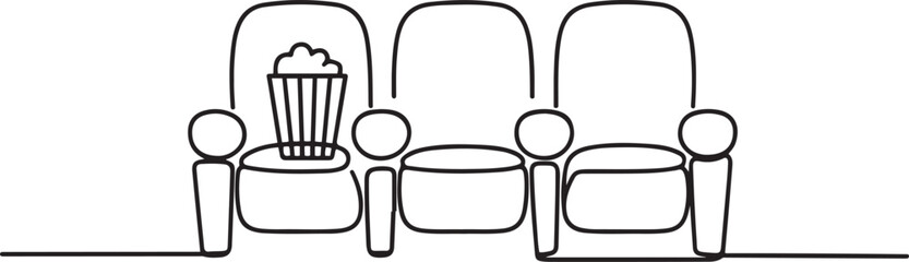 Comfortable cinema seats and popcorn. International Cinema Day. One line drawing for different uses. one line Icon drawing