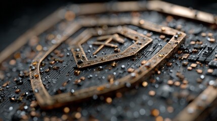 Close-up of a dark textured surface featuring a gleaming metallic symbol adorned with tiny beads
