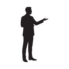 Professional businessman silhouette gesturing confidently presenting ideas against a stark black background for maximum impact