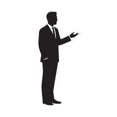 Professional businessman silhouette gesturing welcome or presenting information against a dark background for corporate needs
