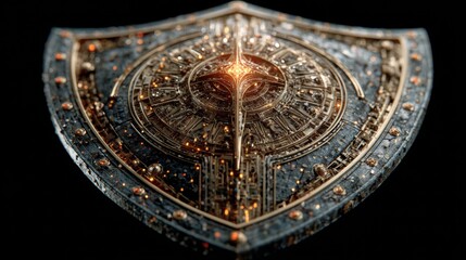 An Exquisite Detailed Shield Merging Ancient Craft With Futuristic Technology In A Powerful Emblem