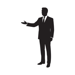 Professional businessman silhouette gestures toward open space perfect for presentation text or product reveal