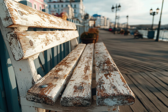 Weathered wooden bench on coastal boardwalk with seaside buildings in background