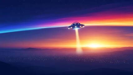 Alien spacecraft hovering over sunset horizon with dramatic light beam and aurora. - Powered by Adobe