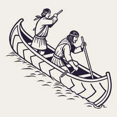 Two Men Paddling a Canoe on Beige Background male boat