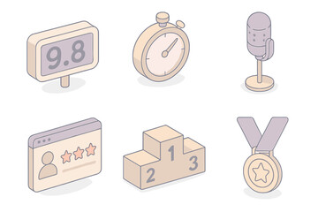 Whistling Performance Icons. Isometric vector illustration set of whistling performance assessment: numerical rating board, timer