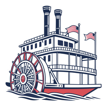 Colorful Paddle Wheel Steamboat with American Flags Keywords: steamboat, paddlewheel boat