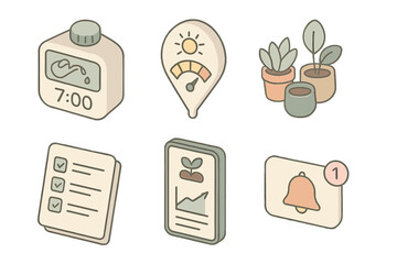 Home Gardening Essentials. Isometric vector illustration set of home gardening schedule: daily watering timer, sunlight intensity