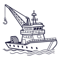 Outline Illustration of a Crane Ship with Hook and Cable vessel boat
