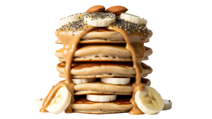 Vegan protein pancakes with almond butter, bananas, and chia seeds, photographed with professional studio clarity for easy background removal. Isolated on White background