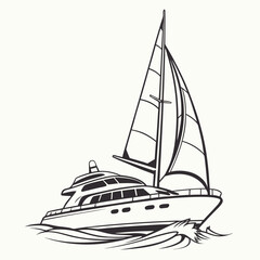 Outline Illustration of a Luxury Sailboat on Waves Keywords: sailboat, yacht, boat, ship