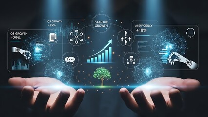 Hands presenting digital business growth data with ai efficiency and startup success metrics showcasing future technology and innovation in a modern design