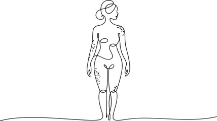 A woman with multiple psoriasis rashes all over her body. International Psoriasis Day. One line drawing for different uses. one line Icon drawing