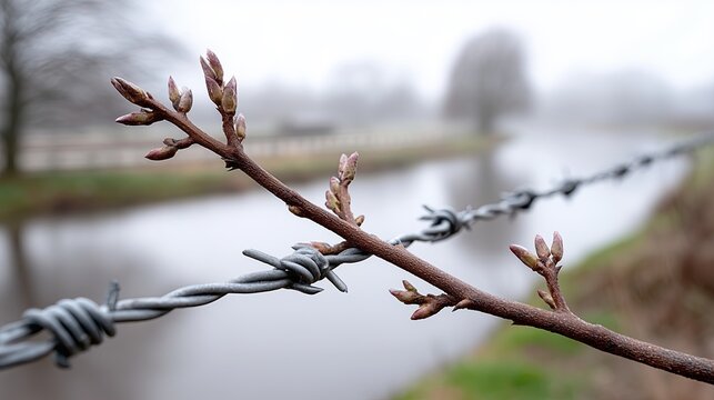 Budding branches on a barbed wire fence near a quiet river - Powered by Adobe