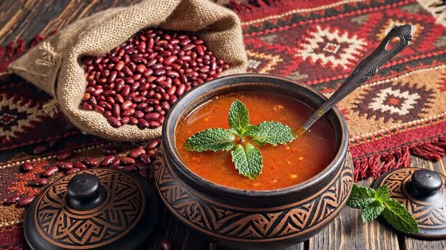 Hearty red bean soup with fresh mint served in a decorative bowl next to a burlap sack of dry beans on a patterned textile and wooden surface