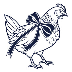 Stylized Hen with a Dark Blue Ribbon Bow on White Background chicken bird