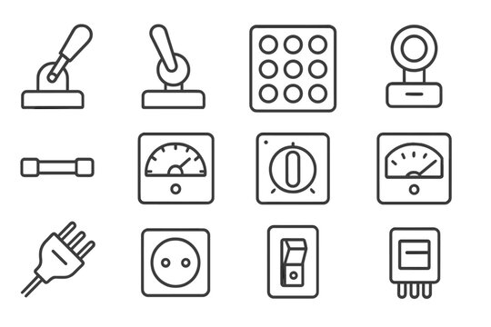Control Panel Icons. Line style icons of control panels: lever, toggle, button grid, pilot lamp; fuse, gauge, rotary knob, meter;