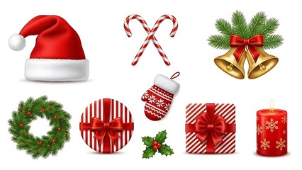 Collection of realistic christmas holiday icons and decorations, including santa hat, candy cane, bells, wreath, gift box, mitten, and candle isolated on white background
