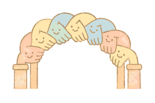Hand Bridge Harmony. A cheerful bridge made of interlocking smiling hands, soft pastel doodle style, No text, No labels, isolated