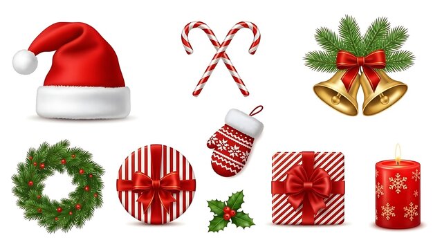 Collection of realistic christmas holiday icons and decorations, including santa hat, candy cane, bells, wreath, gift box, mitten, and candle isolated on white background