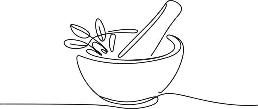 Mortar for grinding medicinal herbs. The process of preparing homeopathic medicines. World Homeopathy Day. one line Icon drawing