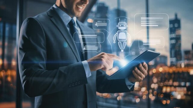 Businessman using tablet with AI chatbot technology in modern office at night
