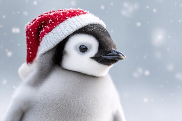 Cute emperor penguin chick wearing a festive red Santa hat in falling snow. Christmas animal portrait for Winter holiday greeting card.