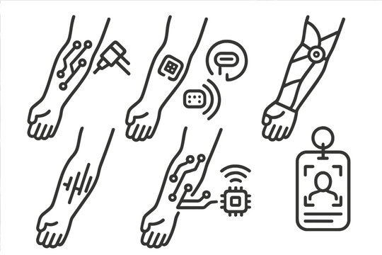Cybernetic Tattoo Icons. Line style icons of cybernetic tattoo applications: circuit line ink, biochip under skin mark, robotic