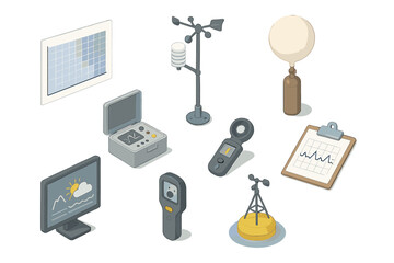Isometric Meteorology Tools. Isometric vector illustration set of Meteorology tools: wind chill chart, atmospheric data station,