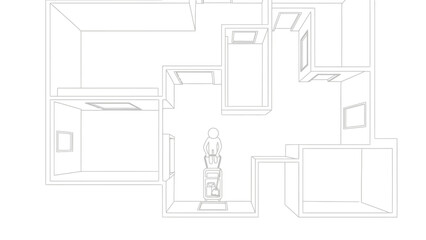 Architectural floor plan of a multi-room building with a person Keywords: floor plan