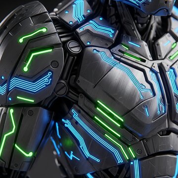 Futuristic cybernetic armor with glowing blue and green circuitry and mechanical details
