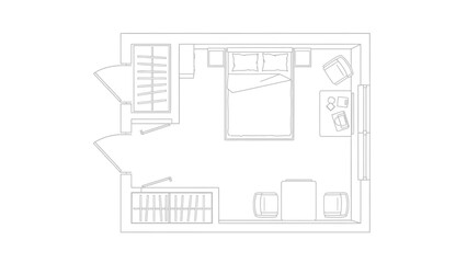 Bedroom floor plan with furniture and closet layout