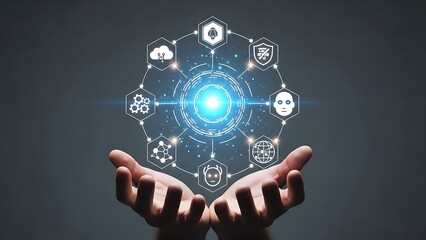 Hands presenting a digital network of ai technology and cloud computing solutions for business innovation and cybersecurity on a modern dark background
