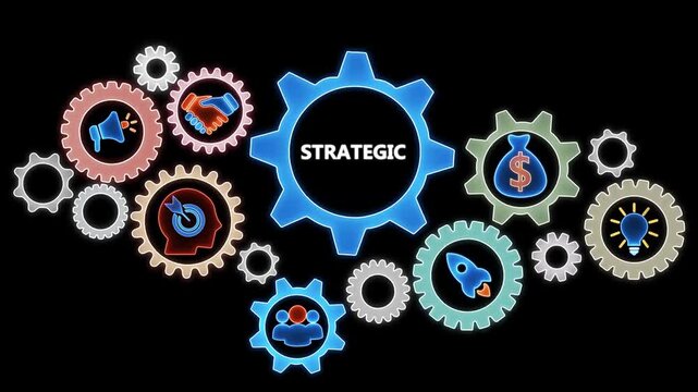 Strategic business concept illustrated with interlocking gears featuring icons for communication, goals, and finance on a black background