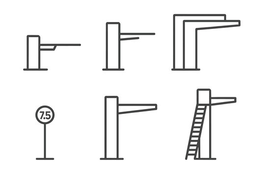 Diving Platform Icons. Line style icons of multi-level diving platforms: 1m board sketch, 3m springboard icon, 5m platform form, 7