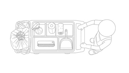 Cleaning cart with supplies and person from above broom