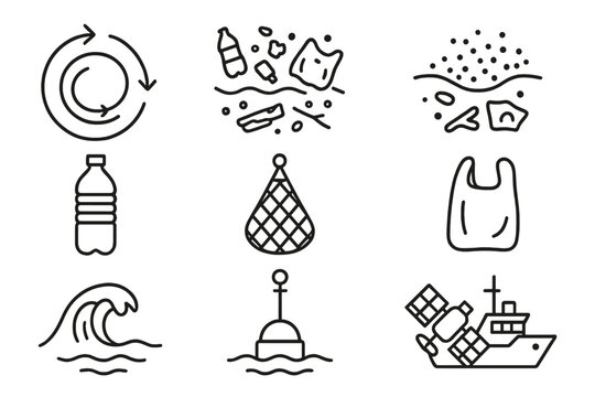 Gyre Pollution Icons. Line style icons of Gyre Pollution: Circular Current, Debris, Concentration, Pacific Garbage Patch; Plastic