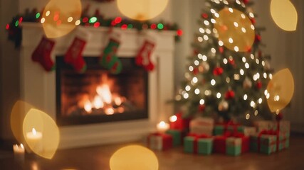 Cozy fireplace burning brightly with twinkling Christmas tree lights and presents creating magical holiday cheer and warm festive feelings