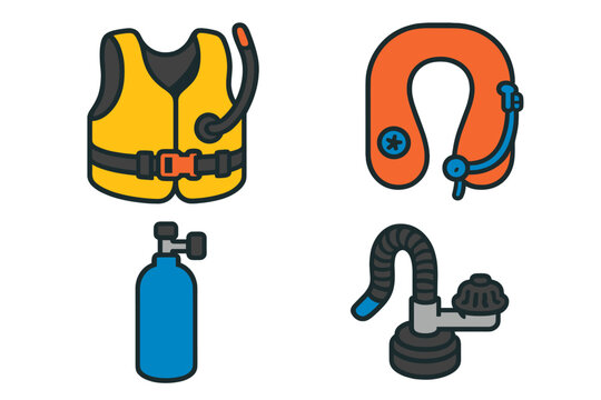 Underwater Diving Gear Icons. Isometric vector illustration set Underwater diving gear &ndash; snorkel vest, inflatable chamber, purge