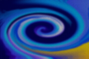 Vibrant blue and purple spiral with yellow accents and grainy texture abstract background