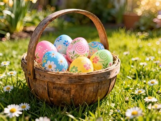 Easter Eggs Images: A wicker basket filled with colorful Easter eggs in a grassy field, with wildflowers and sunlight.