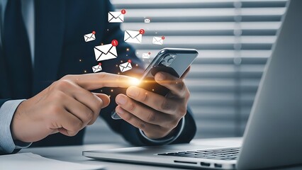 Business professional using smartphone with digital network interface overlay in modern office